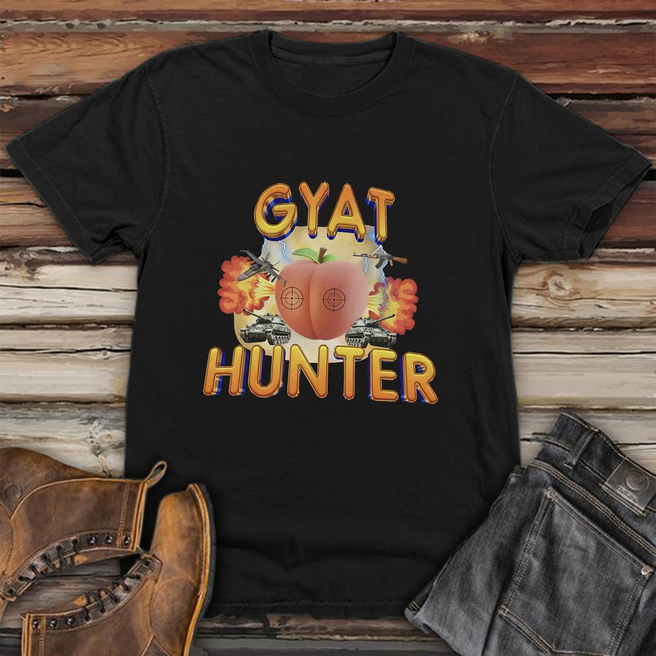 Men's "GYAT HUNTER" Graphic Tee - Casual Polyester Short-Sleeve T-Shirt with Colorful Summer Vibes Print, Round Neck - Perfect for Outdoor Adventures