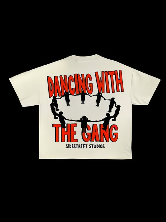 [Y2K Style] Y2K-Inspired "Dancing with The Gang" Graphic T-Shirt - Cream Polyester, Semi-Sheer, Machine Washable, Knit Fabric - Bold Handwritten Design for All Seasons