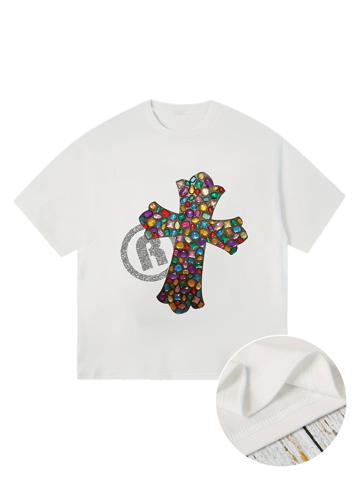 Cross Print T-shirt, Short Sleeve Crew Neck Casual Top For Summer & Spring, Women's Clothing